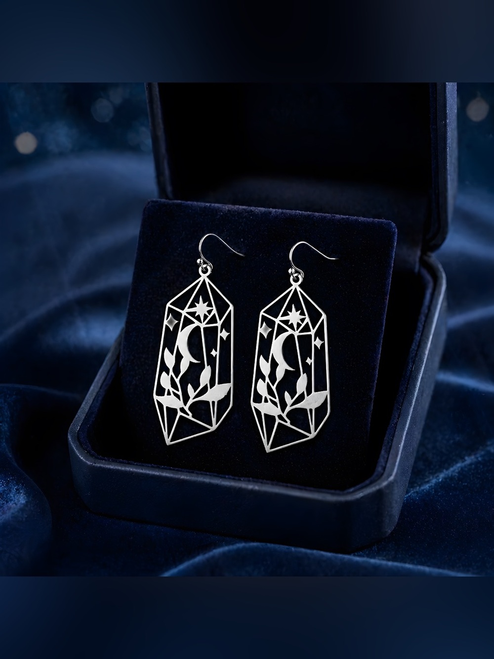 Silver Moon & Star in Crystal Cage Cutout Drop Earrings - Hypoallergenic Hooks